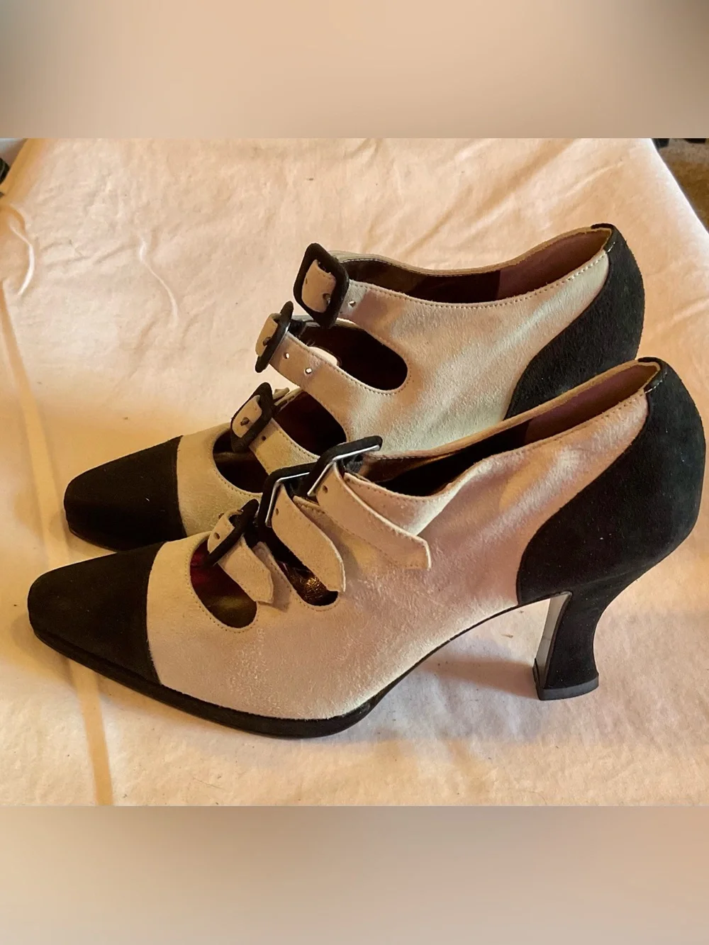 Anne Klein Vintage Grey & Black Cap-Toe Triple Buckle Heeled Booties